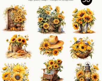 Könnte beinhalten: Satz mit 8 Aquarell-Illustrationen mit Sonnenblumen in verschiedenen Arrangements. Die Illustrationen zeigen Sonnenblumen in einem Korb, einer Vase, einem Vogelnest, einem Hut und einer Laterne. Die Illustrationen sind perfekt, um Ihren Bastelarbeiten und Projekten einen Hauch von Sommer zu verleihen.
