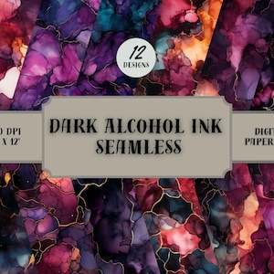 Dark Alcohol Ink SEAMLESS Patterns - Alcohol Ink Digital Paper - 12 Designs - 12x12in - Commercial Use - Alcohol Ink on Black Backgrounds