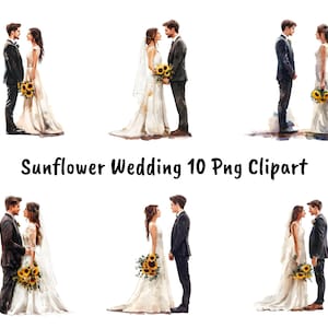 Casamento de girassol PNG, Noiva e noivo PNG, Arte de cartão de casamento PNG, Clipart de casal em aquarela, Convite de casamento png, Design de cartão de casamento