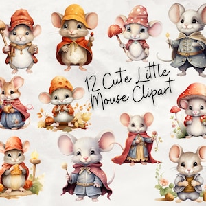 Clipart de Ratoncito de acuarela - Ratones de cuento de hadas. 12 imágenes PNG para descargar para hacer tarjetas, álbumes de recortes, diarios basura y manualidades con papel.