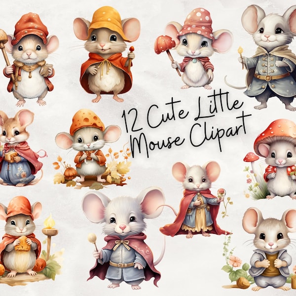 Watercolor Little Mouse Clipart - Fairytale Mice 12 PNG Digital Image Downloads for Card Making, Scrapbook, Junk Journal, Paper Crafts