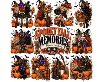 Imágenes prediseñadas de recuerdos espeluznantes de otoño, imágenes PNG de amigas en el campo de calabazas, ilustraciones de brujas caprichosas, gráficos de cosecha de otoño, descarga digital de Halloween