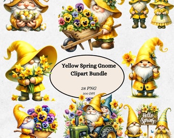 Yellow Spring Gnome Clipart Bundle, Cute Garden Dwarf Digital Images, Scrapbooking, Printable Gnome PNG Illustration, Crafting Supplies