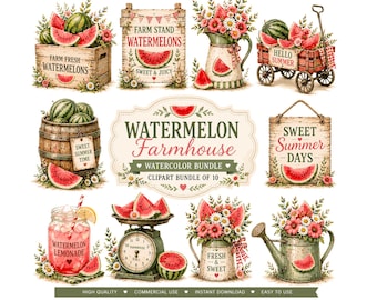 Watercolor Watermelon Farmhouse Clipart | Rustic Summer PNG Bundle | Vintage Fruit Graphics for Picnic Decor, Invitations & Sublimation