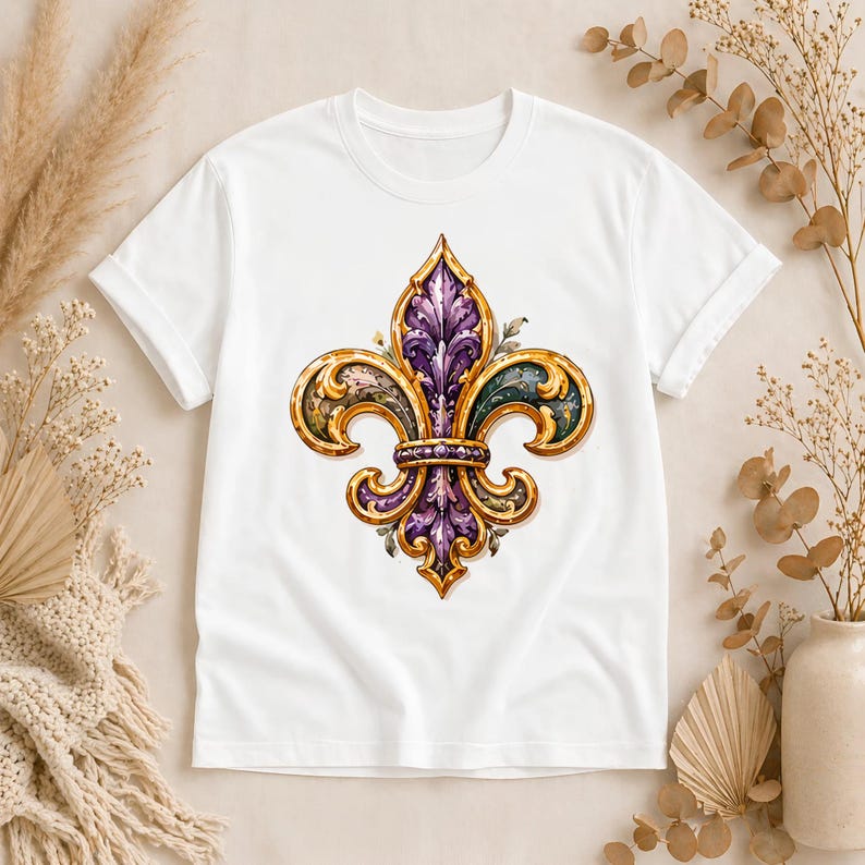 May include: A white short-sleeved t-shirt featuring a large, centered graphic of a fleur-de-lis. The emblem is rendered in shades of deep purple and metallic gold, with intricate filigree details and small floral accents integrated into the design.