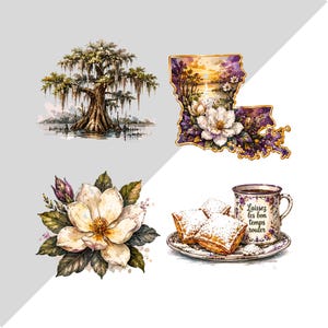 May include: A set of four illustrations featuring a cypress tree with Spanish moss, a map of Louisiana filled with a sunset landscape and magnolia flowers, a single white magnolia blossom with green leaves, and a plate of beignets with a mug reading Laissez les bon temps rouler.