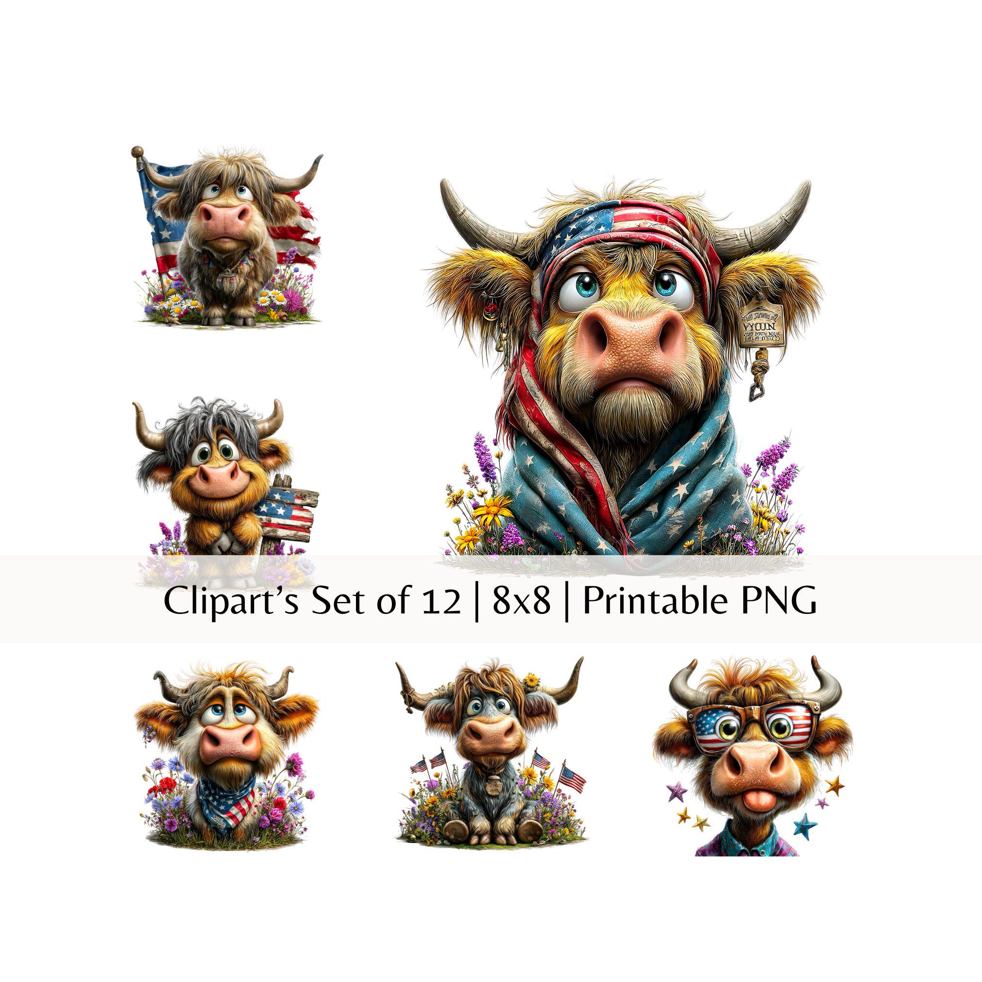 Patriotic Highland Cow Clipart Bundle | American Flag Cow PNG | 4th of ...