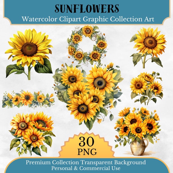 Set of 30 , Sunflowers Clipart Bundle , Watercolor Sunflower PNG, Botanical Art, Card Making, Journaling, Digital Paper Craft, Digital PNG