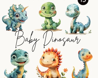 Baby dinosaurie akvarell PNG Clipart set, söt dinosaurie digital nedladdning, kommersiell användning, barnrumsdekor, utskrivbar konst, T-Rex dinosaurie