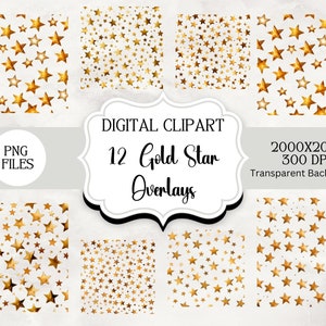 set van 12 Golden Star-overlays - Starry Night Gold Star-patronen, PNG met transparante achtergrond, Instant Download, Commercieel gebruik