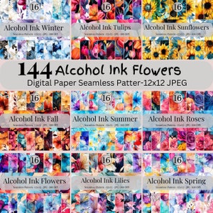 Paquete de flores con patrones sin costuras en tinta de alcohol - Papel digital con tinta floral - 144 diseños - 30 x 30 cm - Uso comercial - Flores con tinta de alcohol