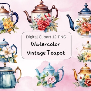 May include: A set of 12 watercolour illustrations of vintage teapots with floral designs. The teapots are in various colours, including blue, green, and gold. Each teapot is decorated with a different floral arrangement, including roses, hydrangeas, and lilies.