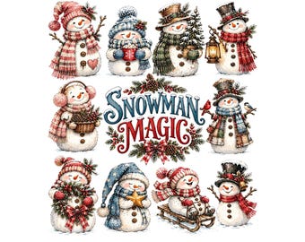 Snowman Clipart Bundle, Whimsical Winter Graphics for Christmas Cards, Cute Snowman PNG, Holiday Sublimation Designs, Snowman Magic Art