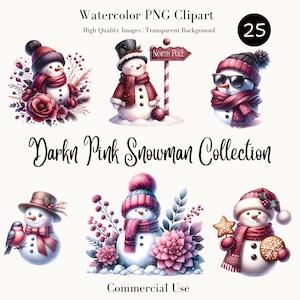 Colección de muñecos de nieve en acuarela rosa oscuro: 25 imágenes PNG de muñecos de nieve festivos, Navidad azul, lindos muñecos de nieve, uso comercial