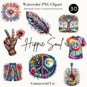 Hippie Soul digitale clipartbundel, 30 hoge kwaliteit png-afbeeldingen, mandala vredesteken graphics, tie dye art pack, T-shirt design, commercieel gebruik