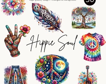 Hippie Soul Digital Clipart Bundle, 30 hochwertige PNG-Bilder, Mandala Peace Zeichen Grafiken, Tie Dye Art Pack, T-Shirt-Design, kommerzielle Nutzung