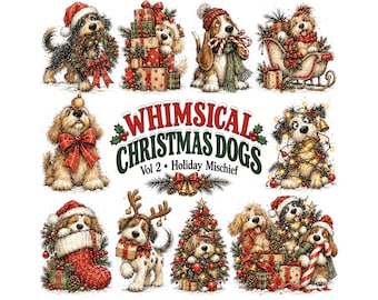 Whimsical Christmas Dogs Clipart Bundle | Festive Puppy Graphics | Holiday Mischief Illustrations for Sublimation, Cards, & DIY Crafts