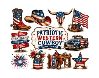 Patriotic Western Clipart Bundle | Cowboy 4th of July PNG | American Flag Vintage Truck, Boots, Longhorn Skull | Rustic Americana Graphics