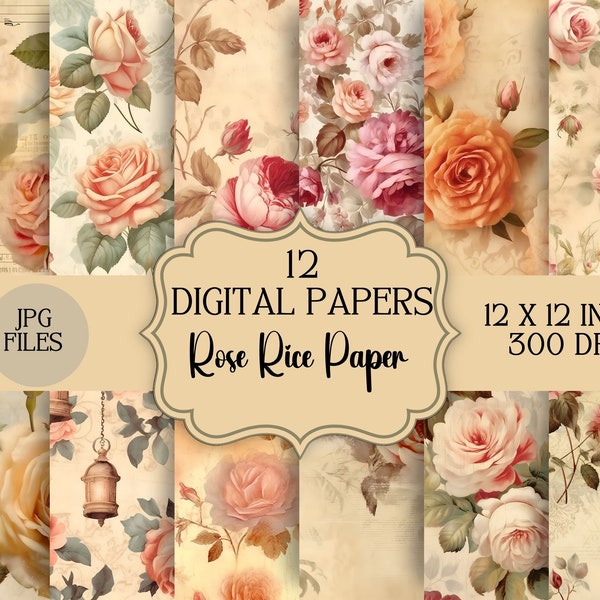 Rose Rice Paper Vintage Floral Digital Paper- Seamless- Repeating Pattern- 12 Original Designs- Printable Paper- Commercial Use