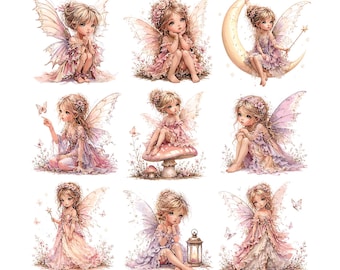Paquete de imágenes prediseñadas de hadas en acuarela / Hada del bosque caprichosa en formato PNG / Arte mágico para guardería / Gráficos de cuento de hadas en rosa / Descarga digital de pequeño duende