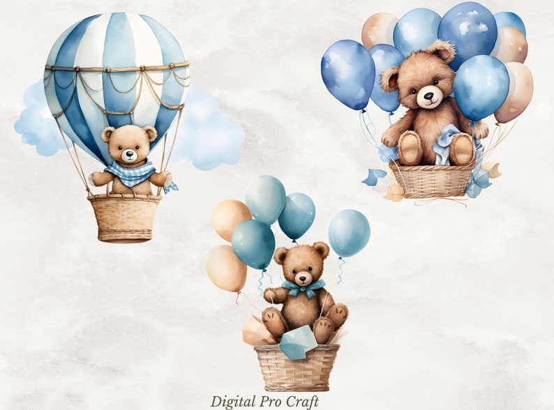 Watercolor Teddy Bear Clipart Bundle, Baby Boy Clipart, Baby Shower ...