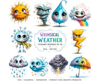 Whimsical Weather Clipart Bundle | Cute Expressive Cloud Sun & Rain PNG | Watercolor Weather Characters | Kids Education Graphics Digital