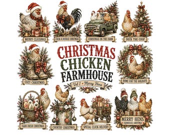 Christmas Chicken Farmhouse Clipart | Vintage Holiday Hen Rooster PNG Bundle | Merry Cluckmas Rustic Farm Graphics | Digital Craft Supply
