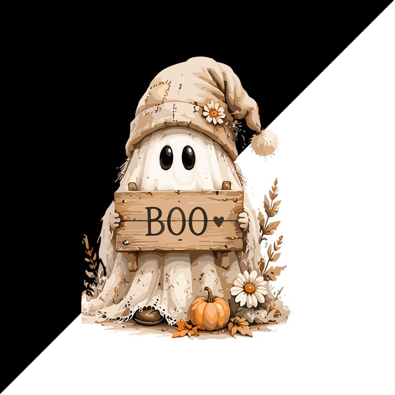 May include: A whimsical illustration of a ghost wearing a beige hat and holding a wooden sign that reads "BOO" with a heart. A small pumpkin, flowers, and autumn leaves are at the ghost's feet. The background is split diagonally, with black and white sections.