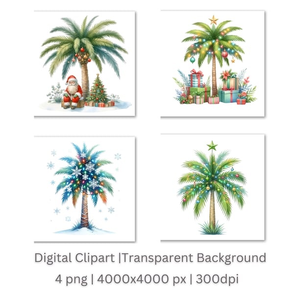 Christmas Palm Tree Clipart PNG Set 4 Christmas Xmas Watercolor Illustration Commercial Use, Paper Crafts Digital Instant Download