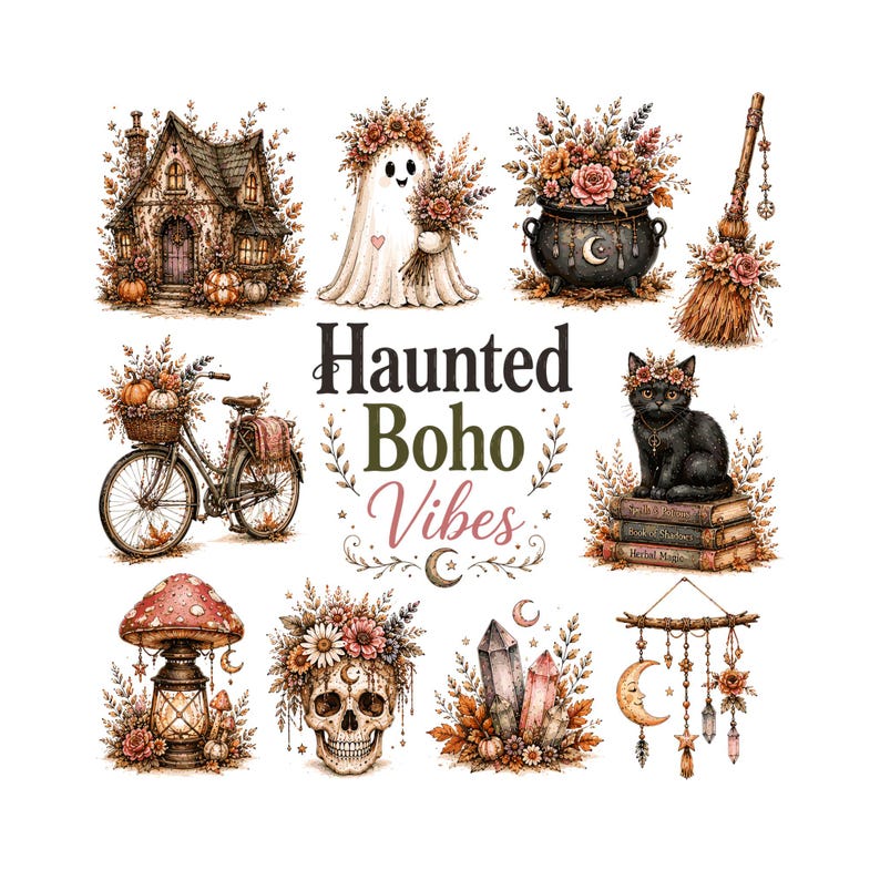 May include: A collection of illustrations featuring a house, a ghost, a cauldron, a broom, a bicycle, a black cat on books, a mushroom lantern, a skull, crystals, and a wall hanging, with the text Haunted Boho Vibes in the center.