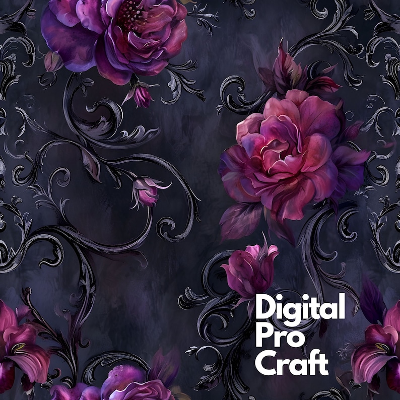 Baroque Purple Rose Digital Paper Set of 16 , Seamless Dark Floral ...