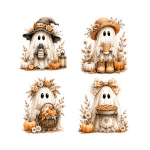May include: Four whimsical ghost illustrations in a square format. Each ghost is draped in a white sheet, adorned with fall-themed accessories like hats, flowers, and pumpkins. One ghost holds a jar labeled "Magic Potion."