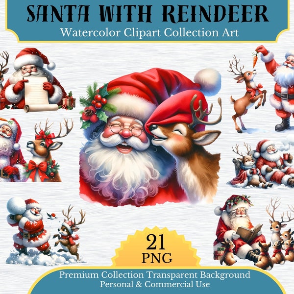 Santa with Reindeer Clipart,Christmas Clipart, Santa Claus PNG,Reindeer Clipart,Holiday Clipart,Santa Png,Digital Download,t shirt design