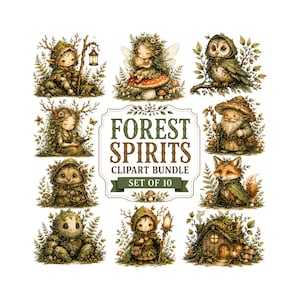 Forest Spirits Clipart Bundle | Whimsical Woodland Gnomes and Fairies PNG |Mystical Forest Creatures, Fantasy Art for Junk Journals & Crafts