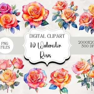 May include: Ten watercolor rose illustrations in various shades of pink, red, orange, and yellow. The roses are painted in a realistic style with delicate details. PNG files, 2000x2000 pixels, 300 DPI.