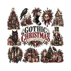 May include: A collection of Gothic Christmas illustrations featuring a decorated tree, a black cat, a raven, a stocking, a skull, a nutcracker, a wreath, and wrapped gifts. The central text reads GOTHIC CHRISTMAS Vol 1 Dark Yuletide.