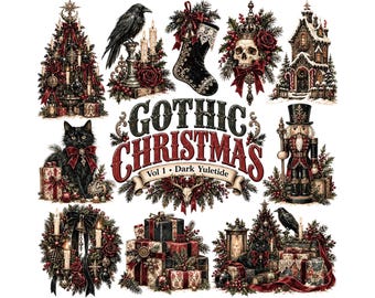 Gothic Christmas Clipart Bundle | Dark Yuletide PNG | Moody Holiday Graphics, Victorian Goth Skull, Black Cat, Nutcracker Digital Art