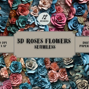 Rosas 3D vibrantes e realistas - Padrões de flores 3D sem costura - 12 designs - 12 x 12 pol - Uso comercial - Sublimação de flores 3D
