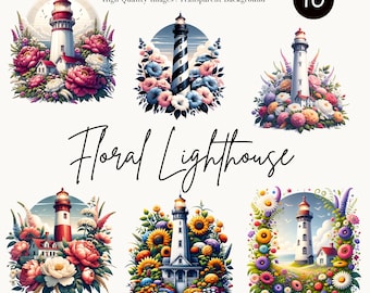 Floral Lighthouse Clipart Bundle – Nautical Graphics, Floral PNG, Lighthouse Clipart, Nautical png, Commercial Use, Digital Download