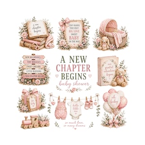 May include: A collection of baby shower themed illustrations featuring pink floral accents, a bassinet, a teddy bear, a gift box, a toy train, baby clothes on a line, and books with text including A NEW CHAPTER BEGINS and oh baby.