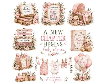 Shabby Chic Pink Baby Shower Clipart | A New Chapter Begins Clipart Bundle | Vintage Baby Girl Watercolor PNGs | Nursery Floral Graphics