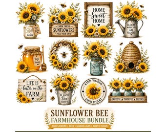 Sunflower Bee Farmhouse Clipart PNG Bundle | Rustic Mason Jar Graphics | Honey Bee Sublimation | Summer Flower Clipart | Commercial Use