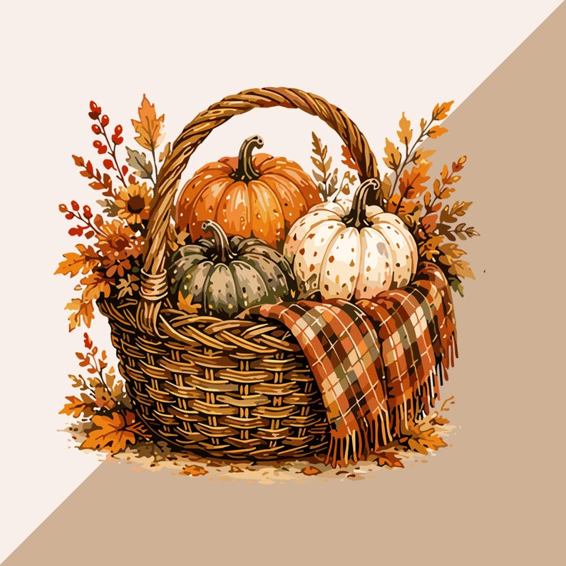 Puede incluir: Una cesta de mimbre tejida llena de tres calabazas en naranja, verde y blanco, acentuada por hojas de oto&ntilde;o y bayas. Una manta a cuadros en tonos naranja, marr&oacute;n y blanco cuelga del lado de la cesta, la cual cuenta con un asa resistente.