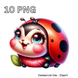 Imágenes prediseñadas de mariquita linda, descarga digital, insecto de dibujos animados PNG, uso comercial, diseño gráfico, manualidades, álbumes de recortes, arte imprimible, insecto lindo