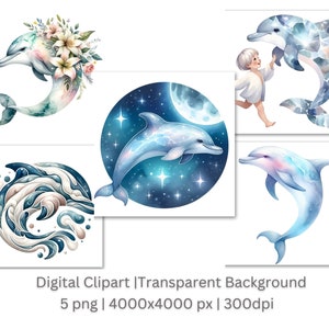 Mondstein Delfin Clipart | 5 hochwertige PNG-Bilder | Wandkunst | Papiermodelle | Bekleidung | Junk Journals | Digitale Drucke | Kommerzielle Nutzung