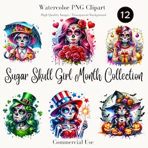 Sugar Skull Girl Monat Sammlung Digital Art Bundle, Aquarell PNG Clipart, hochwertige transparente Hintergrundbilder