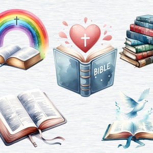 May include: A watercolor illustration of six different depictions of the Bible. The first image shows a rainbow with a cross above it and a closed Bible book below. The second image shows a heart with a cross inside and a blue Bible book with the word "BIBLE" on the cover. The third image shows a stack of five books with a cross on the top book. The fourth image shows a closed Bible book with a white dove flying above it. The fifth image shows a closed Bible book with a ribbon tied around it. The sixth image shows an open Bible book with a ribbon tied around it.