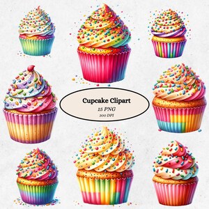 Buntes Cupcake-Clipart-Set, digitaler Download, Streusel Cupcake-Grafik, Geburtstags-Party Dekor, druckbare Cupcake-PNG-Dateien, Cupcake Clipart