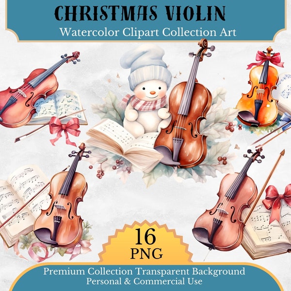 16 Weihnachten Violine Aquarell Clipart PNG, Musikalische Violine, sofortiger Download, kommerzielle Nutzung, Musikalische Eleganz Clipart