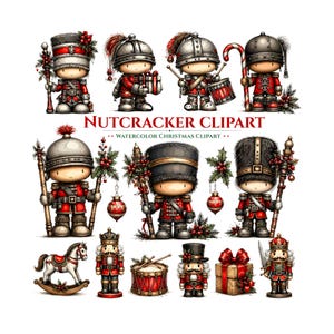 Peut inclure: Une collection d'illustrations à l'aquarelle représentant des casse-noisettes en uniformes rouges et gris, un cheval à bascule, un tambour et des cadeaux. Le texte NUTCRACKER CLIPART et WATERCOLOR CHRISTMAS CLIPART est centré parmi les personnages.